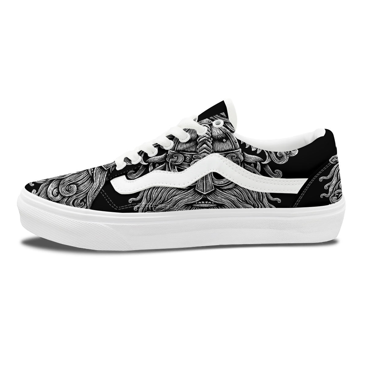 Odin With Wolfs White And Black Print Skate Shoes-grizzshop