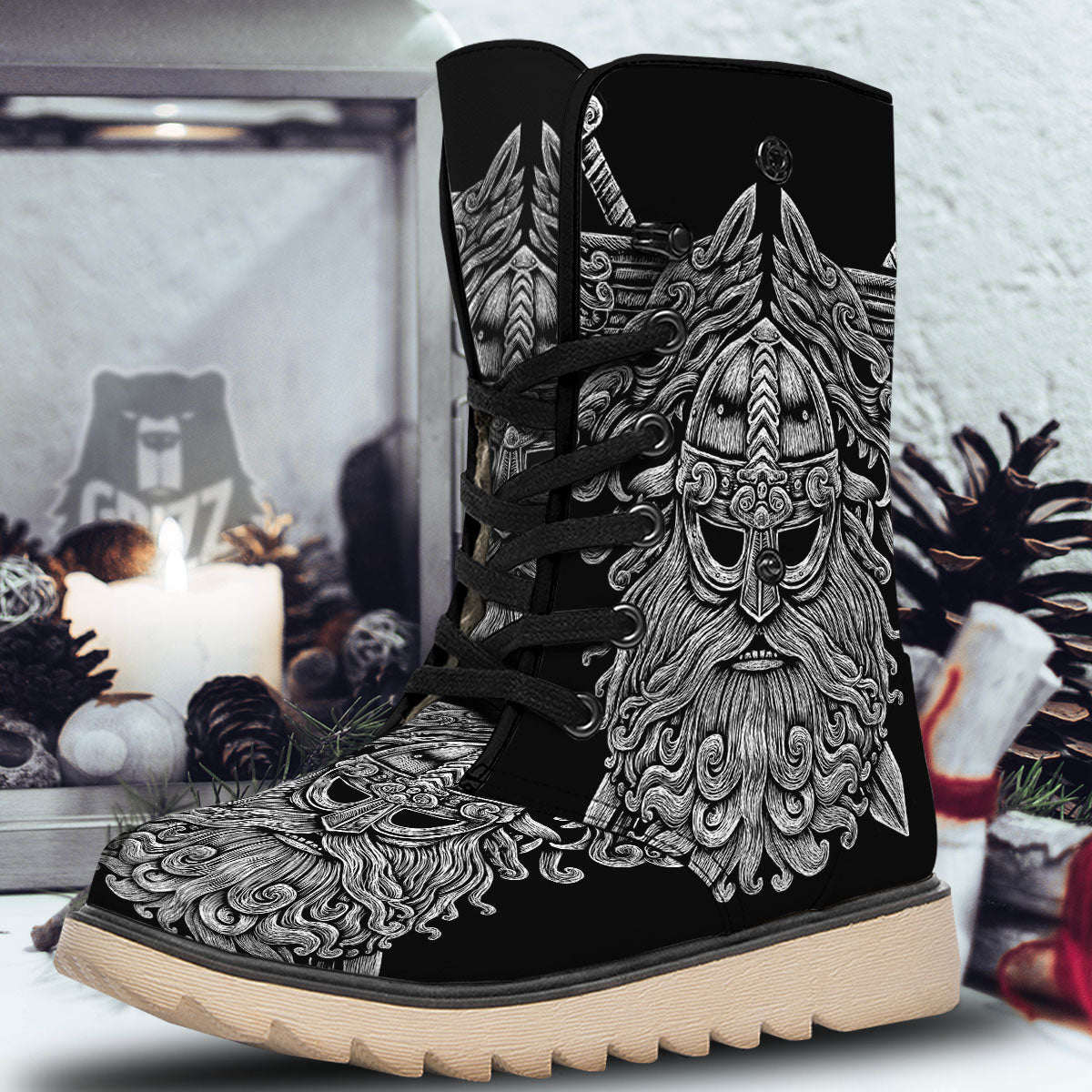 Odin With Wolfs White And Black Print Snow Boots-grizzshop