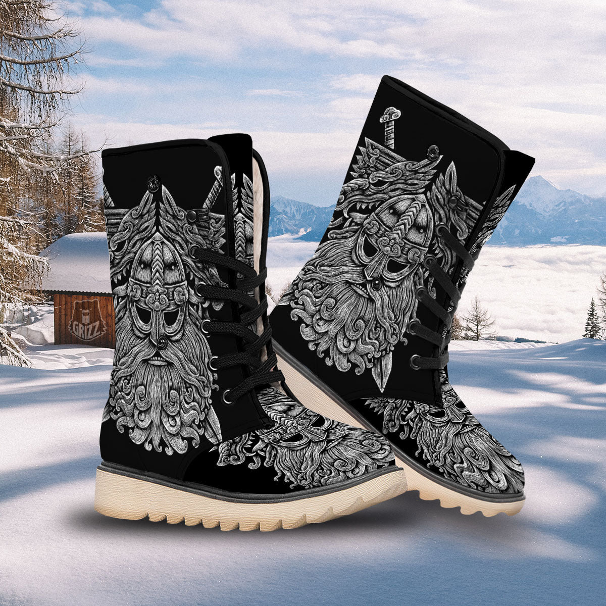 Odin With Wolfs White And Black Print Snow Boots-grizzshop