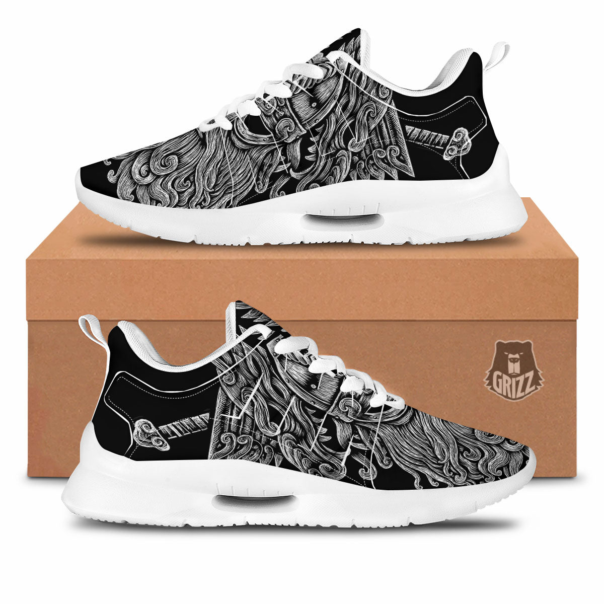 Odin With Wolfs White And Black Print Tennis Shoes-grizzshop