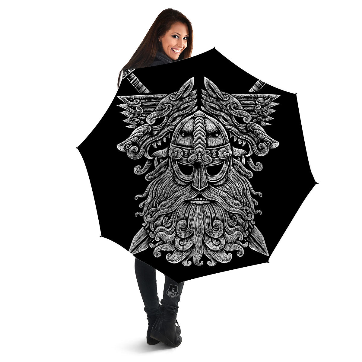 Odin With Wolfs White And Black Print Umbrella-grizzshop