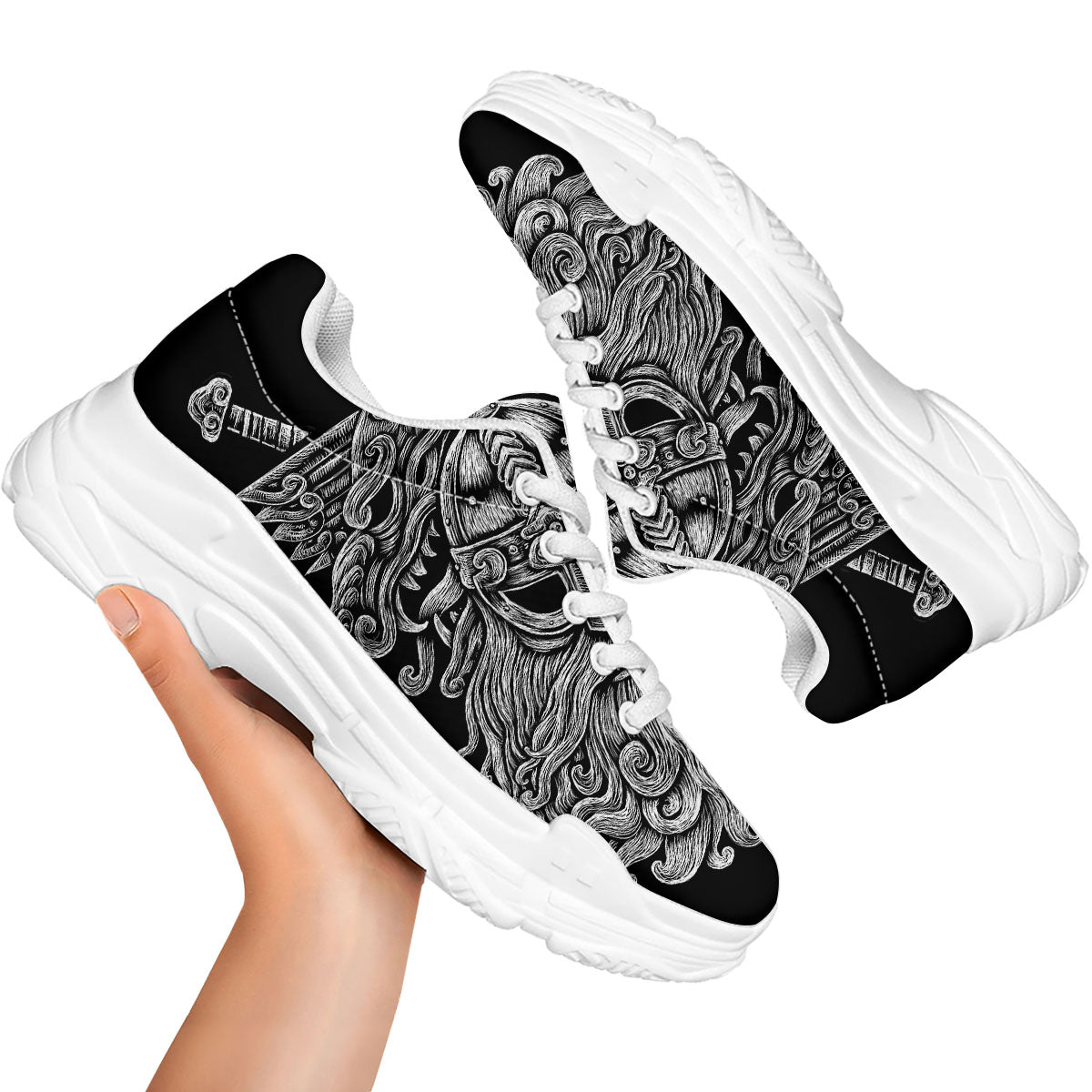 Odin With Wolfs White And Black Print White Chunky Shoes-grizzshop