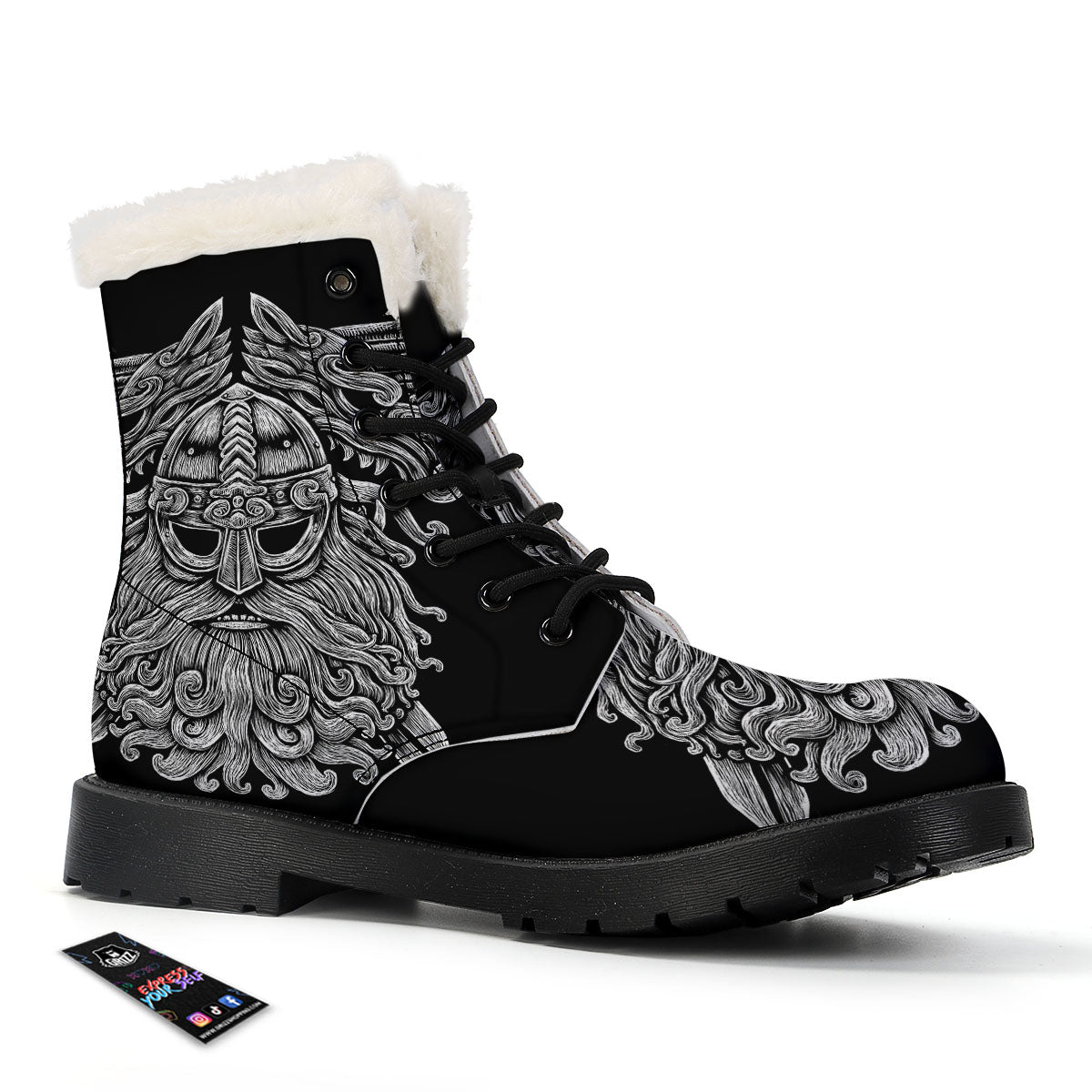 Odin With Wolfs White And Black Print Winter Boots-grizzshop