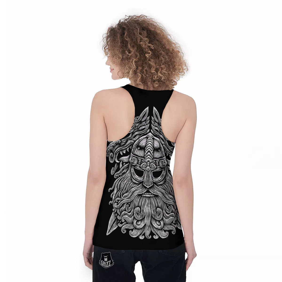 Odin With Wolfs White And Black Print Women's Racerback Tank Top-grizzshop