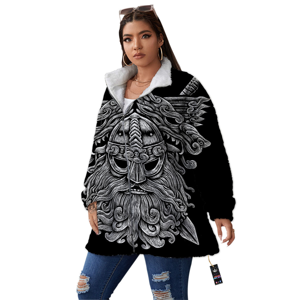 Odin With Wolfs White And Black Print Women's Sherpa Jacket-grizzshop