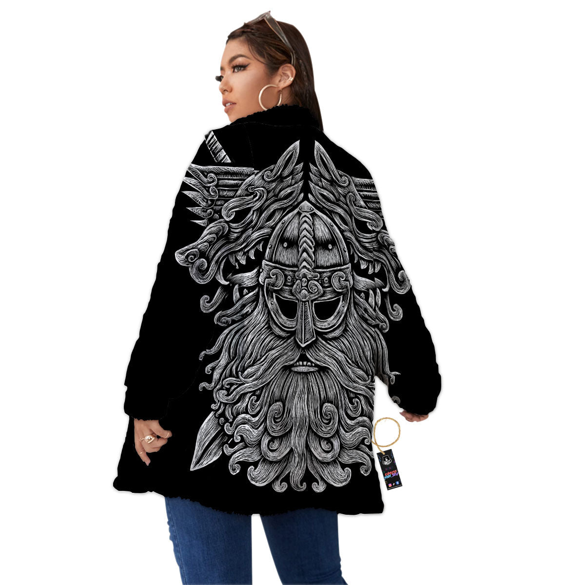 Odin With Wolfs White And Black Print Women's Sherpa Jacket-grizzshop