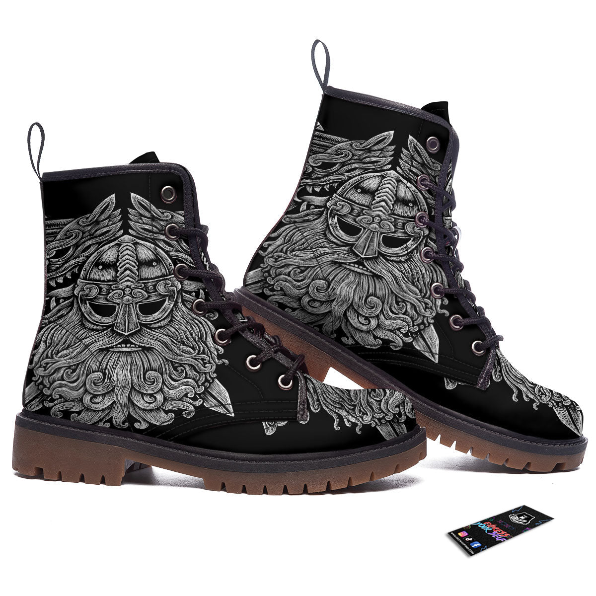 Odin With Wolfs White And Black Print Work Boots-grizzshop