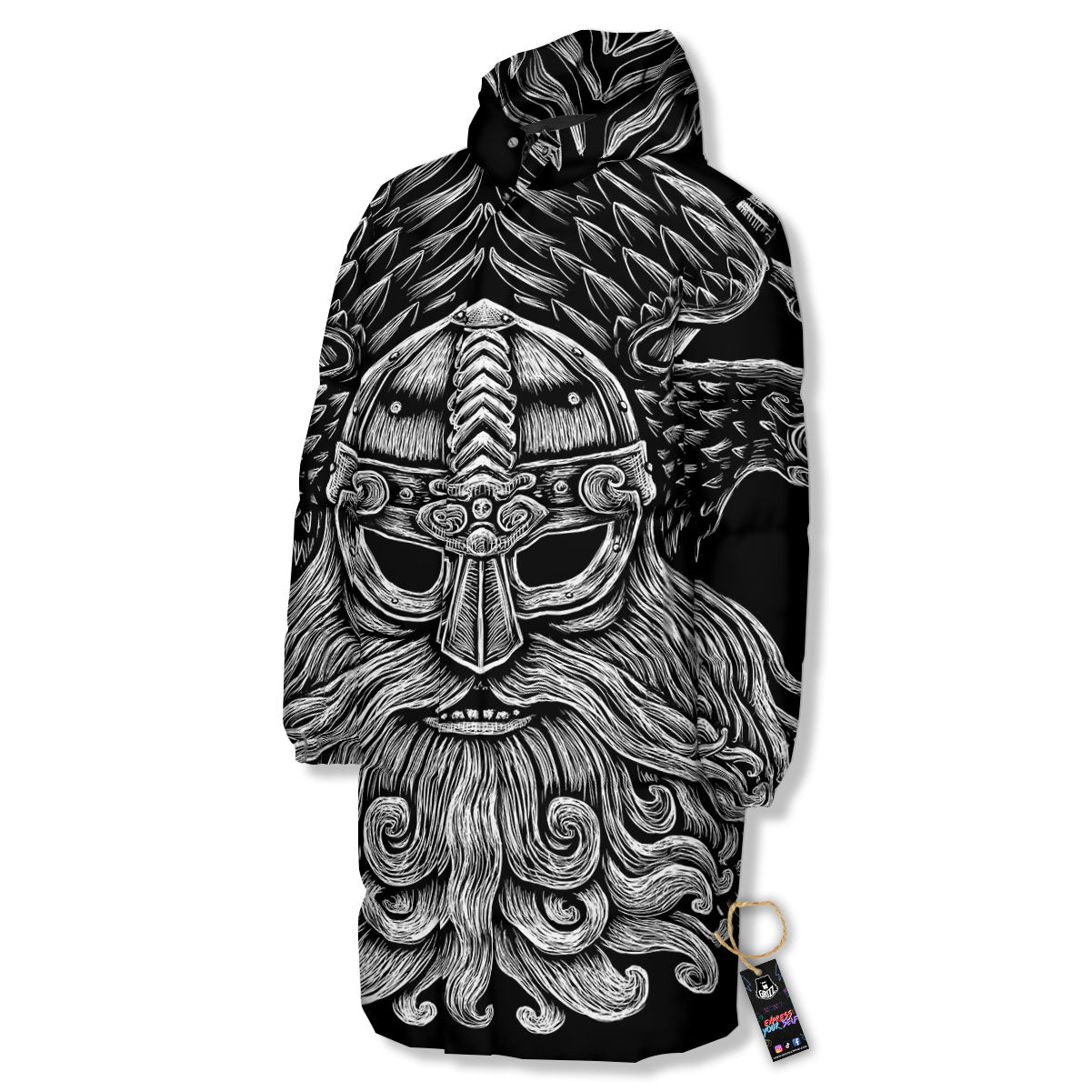 Odin With Crows White And Black Print Long Down Jacket