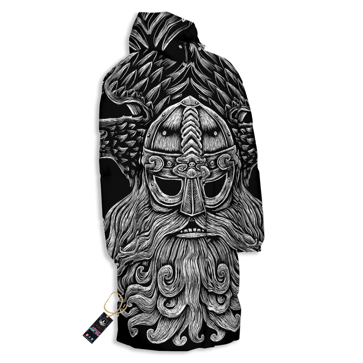 Odin With Crows White And Black Print Long Down Jacket