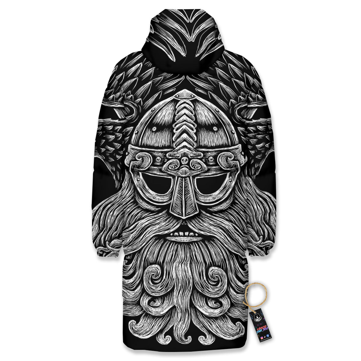 Odin With Crows White And Black Print Long Down Jacket