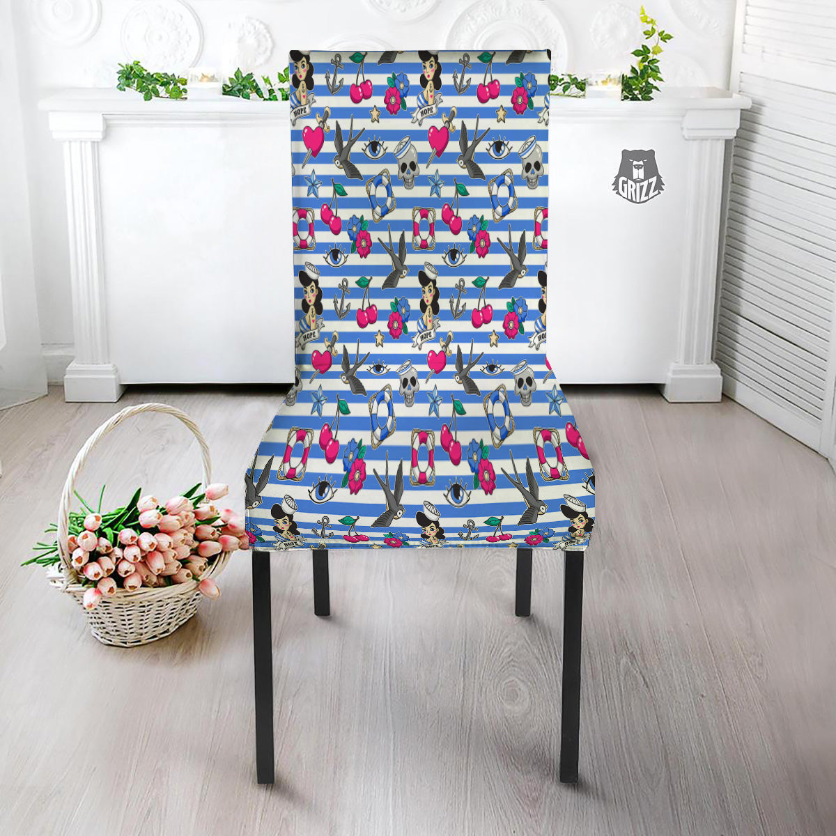 Old School Sailor Striped Print Pattern Dining Chair Slipcover-grizzshop