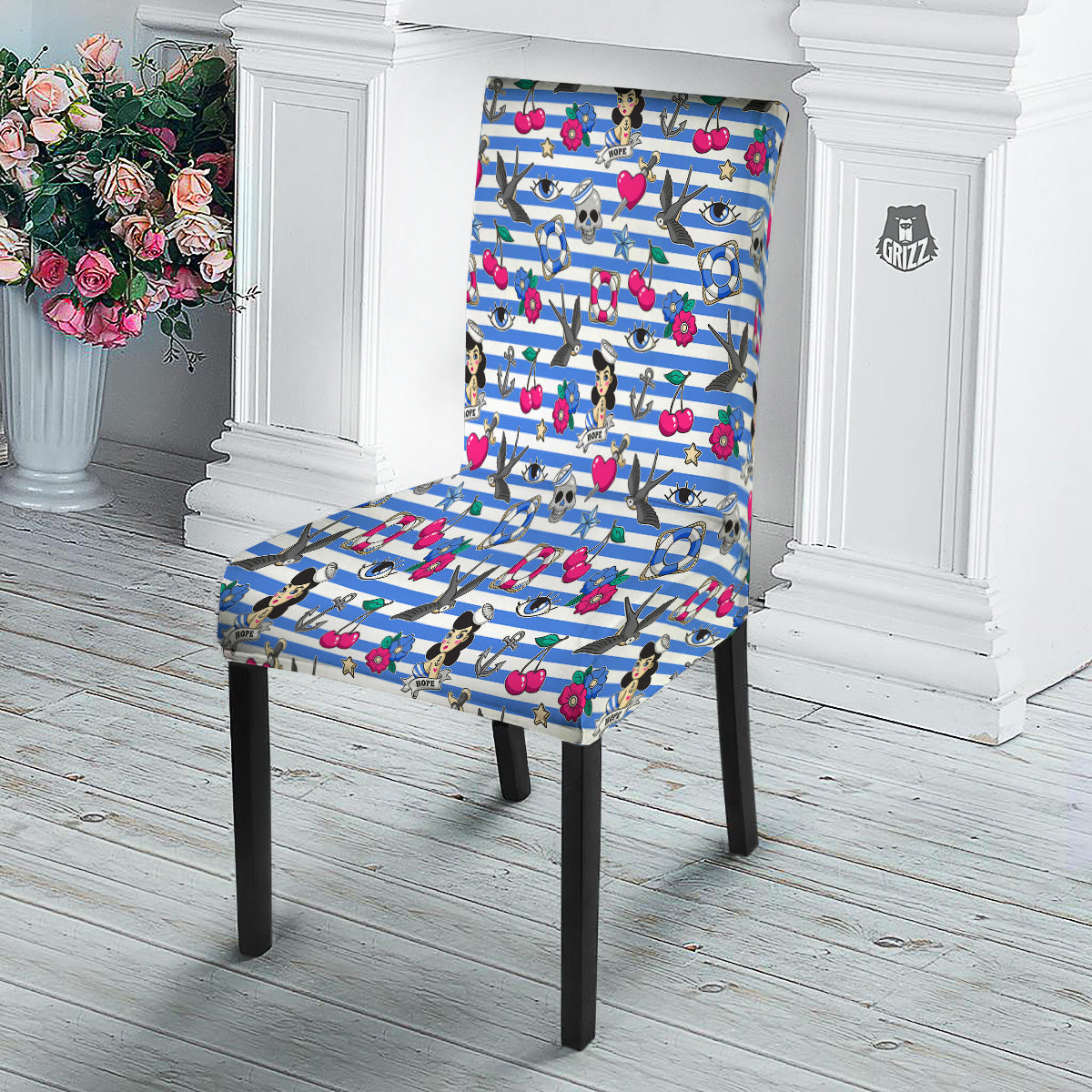 Old School Sailor Striped Print Pattern Dining Chair Slipcover-grizzshop