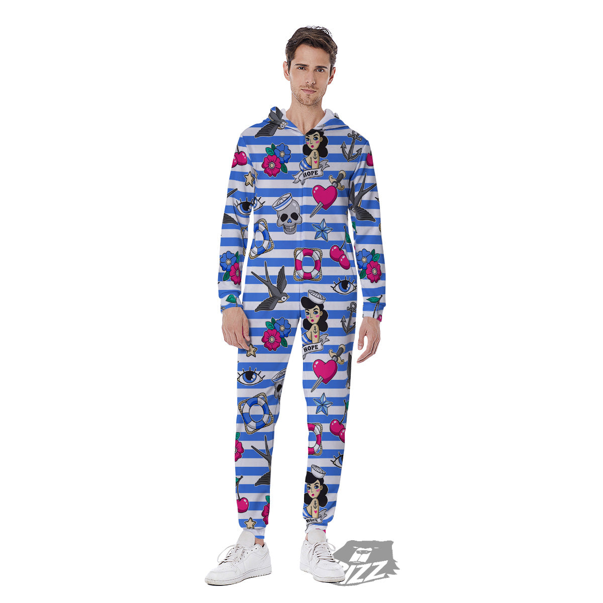 Old School Sailor Striped Print Pattern Men's Jumpsuit-grizzshop