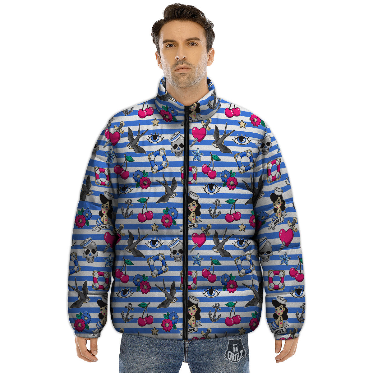Old School Sailor Striped Print Pattern Puffer Jacket-grizzshop
