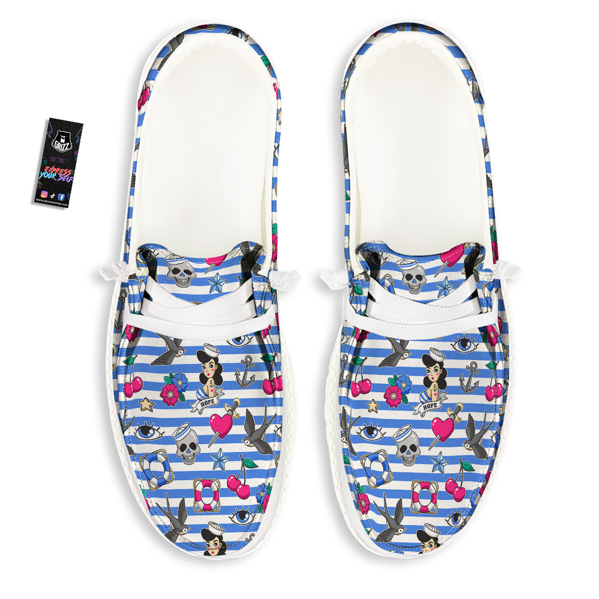 Old School Sailor Striped Print Pattern White Loafers-grizzshop