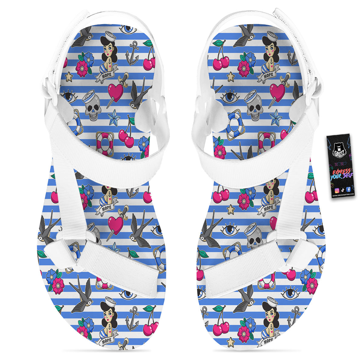 Old School Sailor Striped Print Pattern White Open Toe Sandals-grizzshop