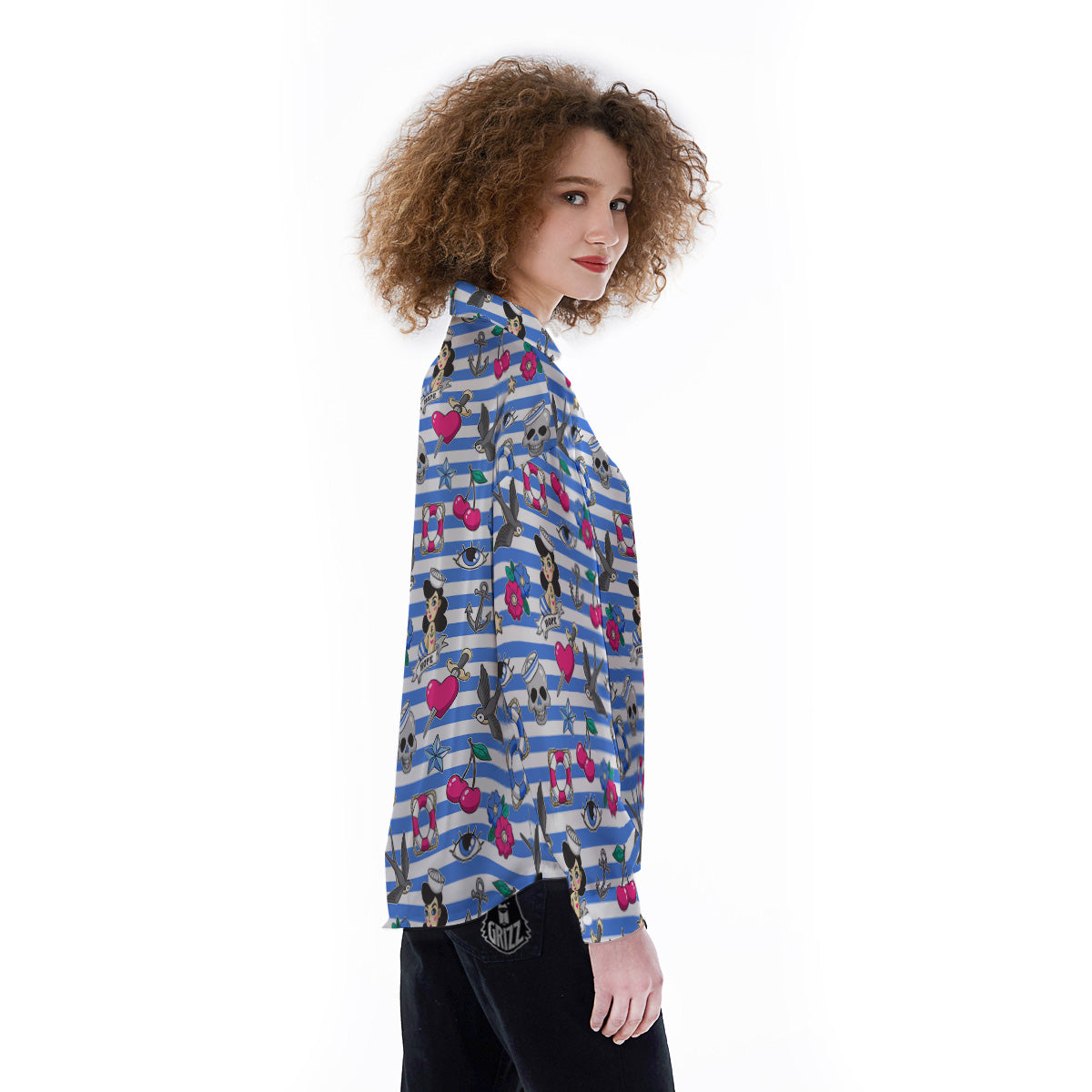 Old School Sailor Striped Print Pattern Women's Long Sleeve Shirts-grizzshop