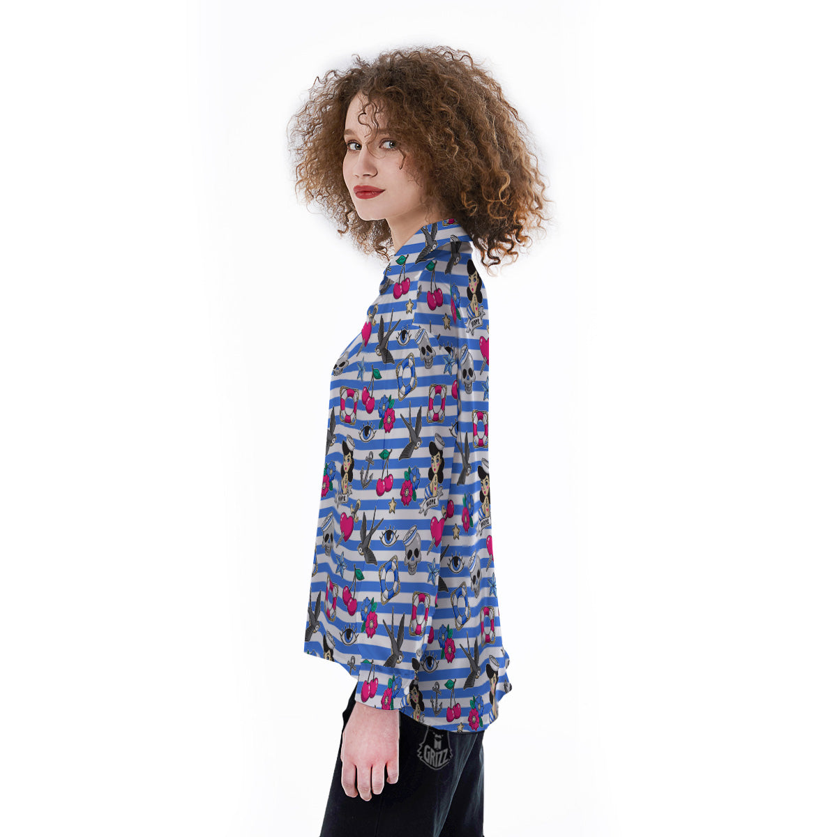 Old School Sailor Striped Print Pattern Women's Long Sleeve Shirts-grizzshop