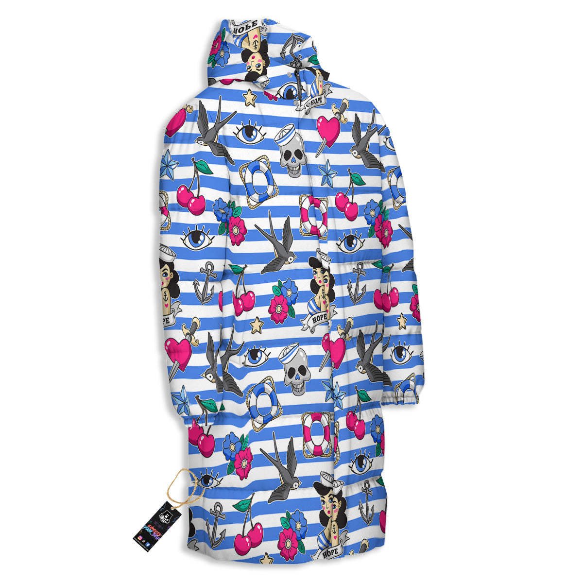 Old School Sailor Striped Print Pattern Long Down Jacket