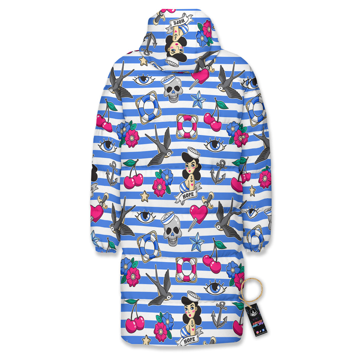 Old School Sailor Striped Print Pattern Long Down Jacket