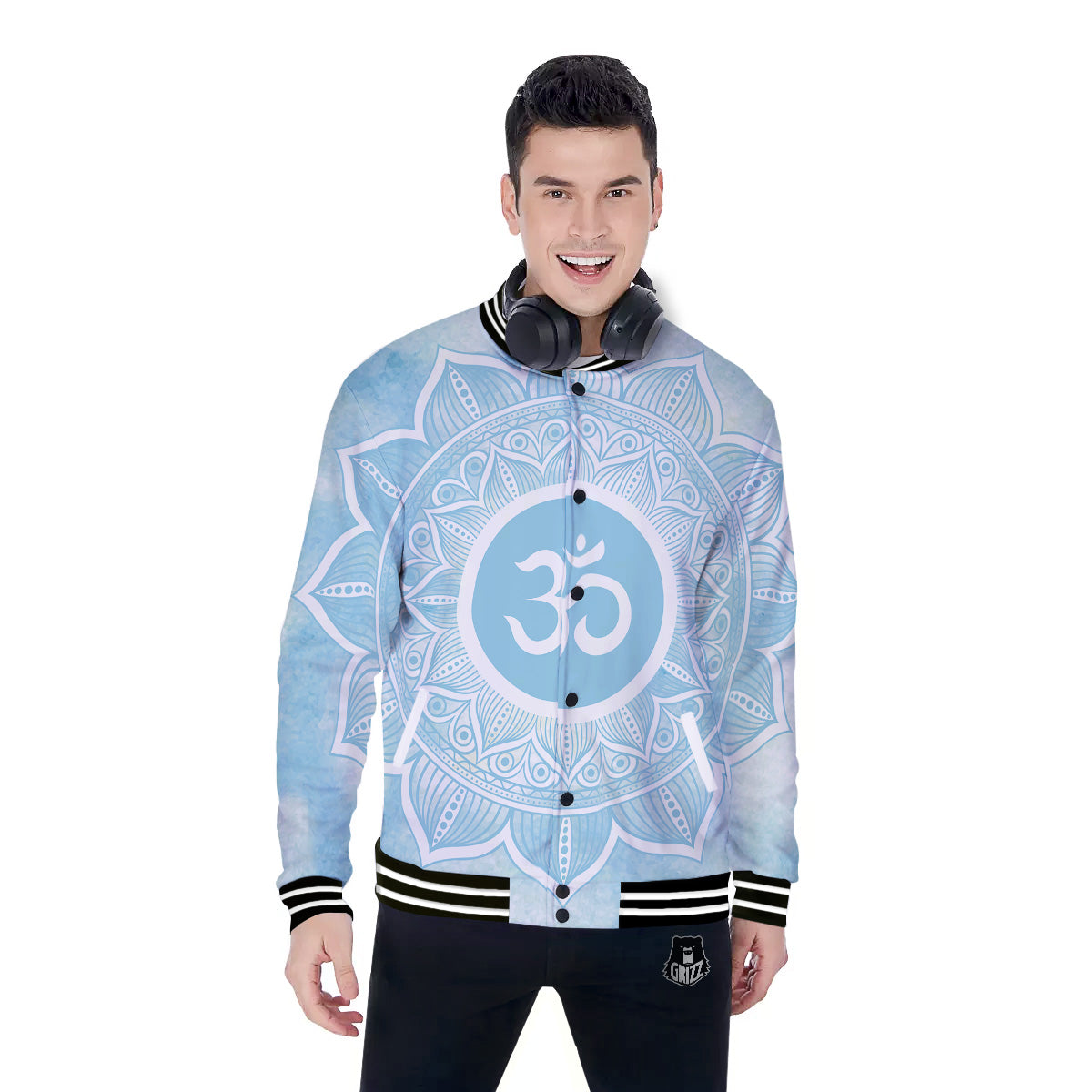 Om Mandala Blue Print Baseball Jacket-grizzshop