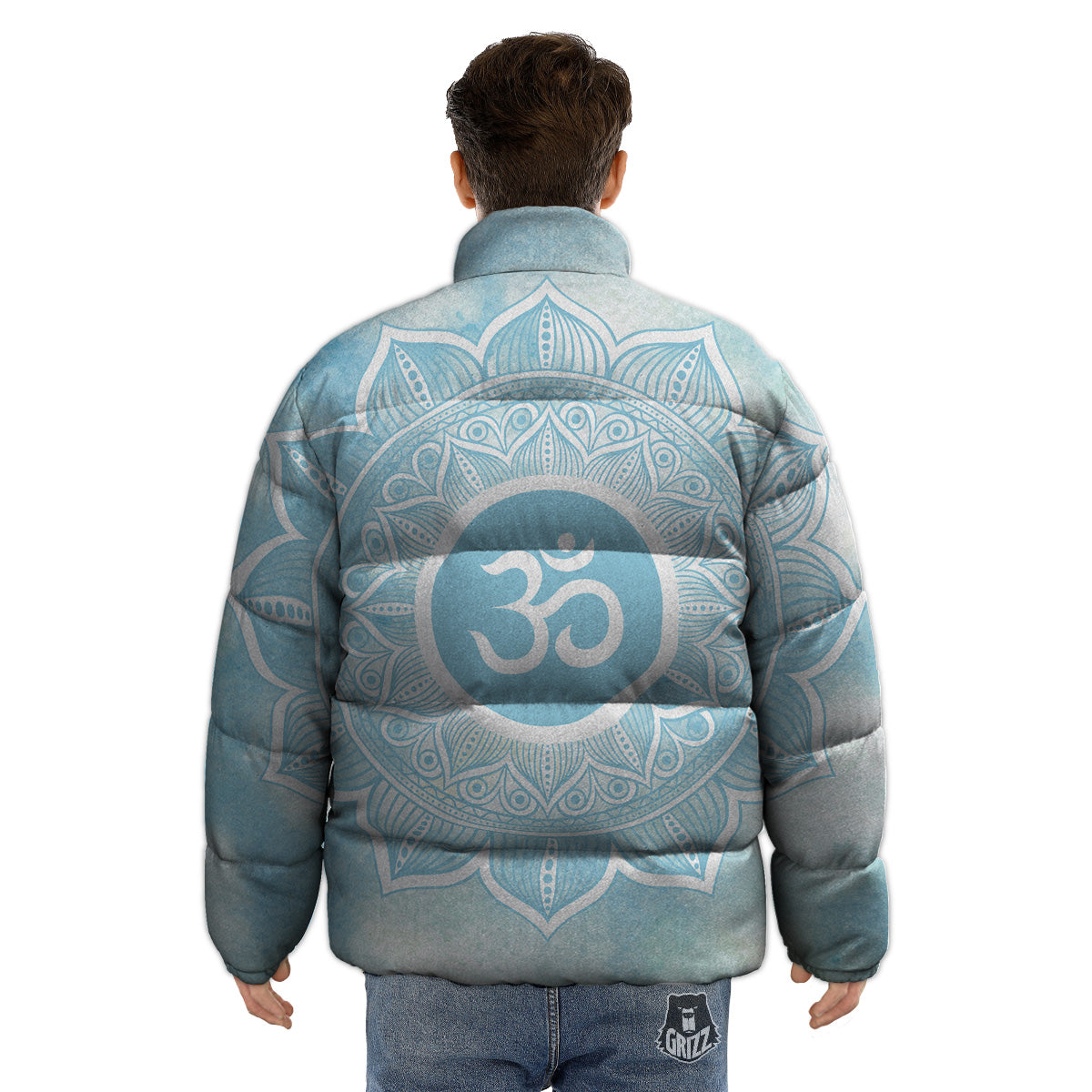 Om Mandala Blue Print Puffer Jacket-grizzshop