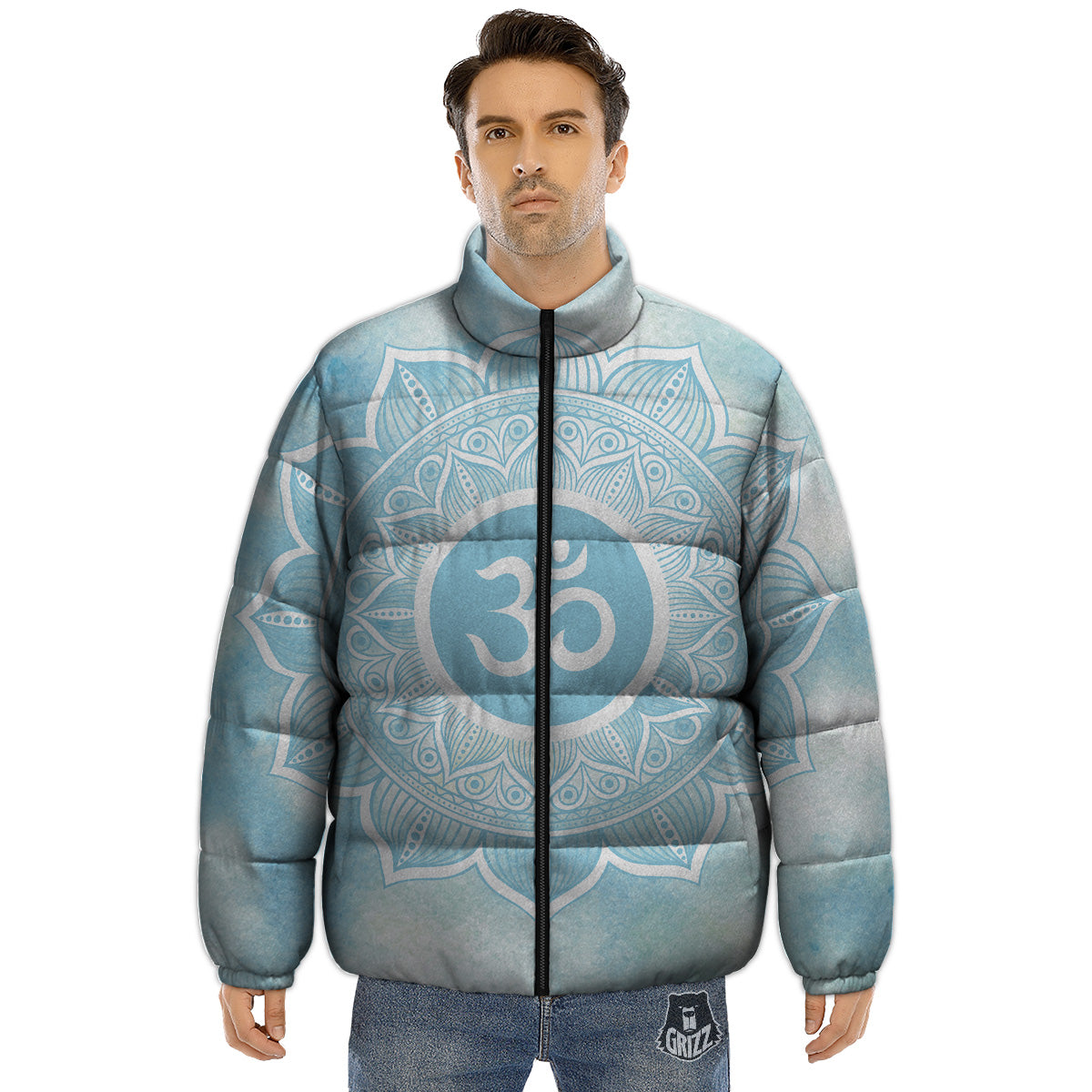 Om Mandala Blue Print Puffer Jacket-grizzshop
