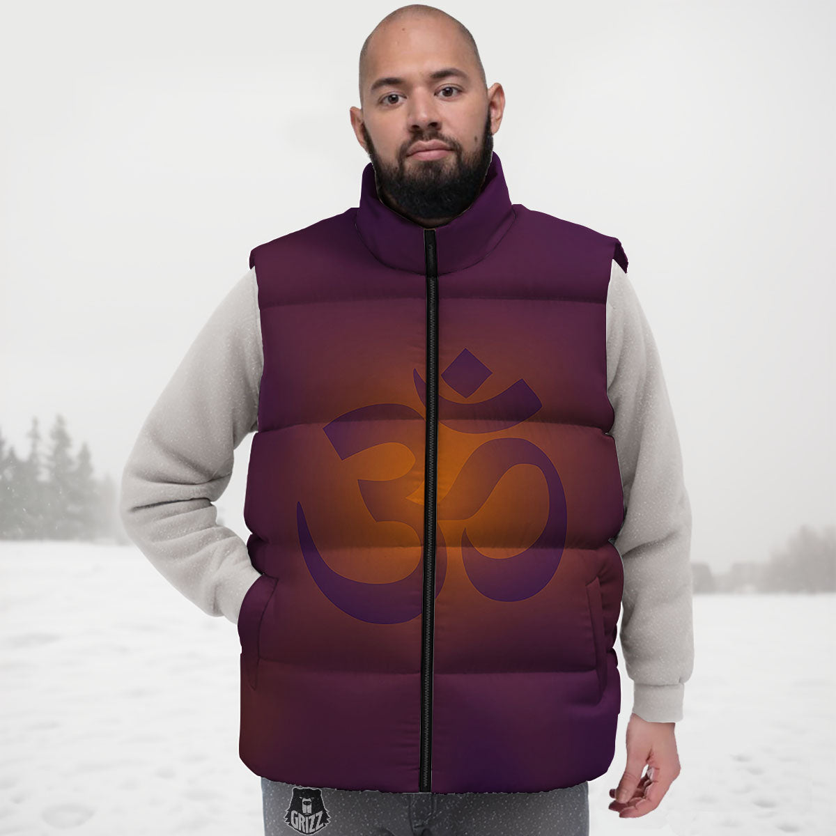 Om Mantra Print Down Vest-grizzshop