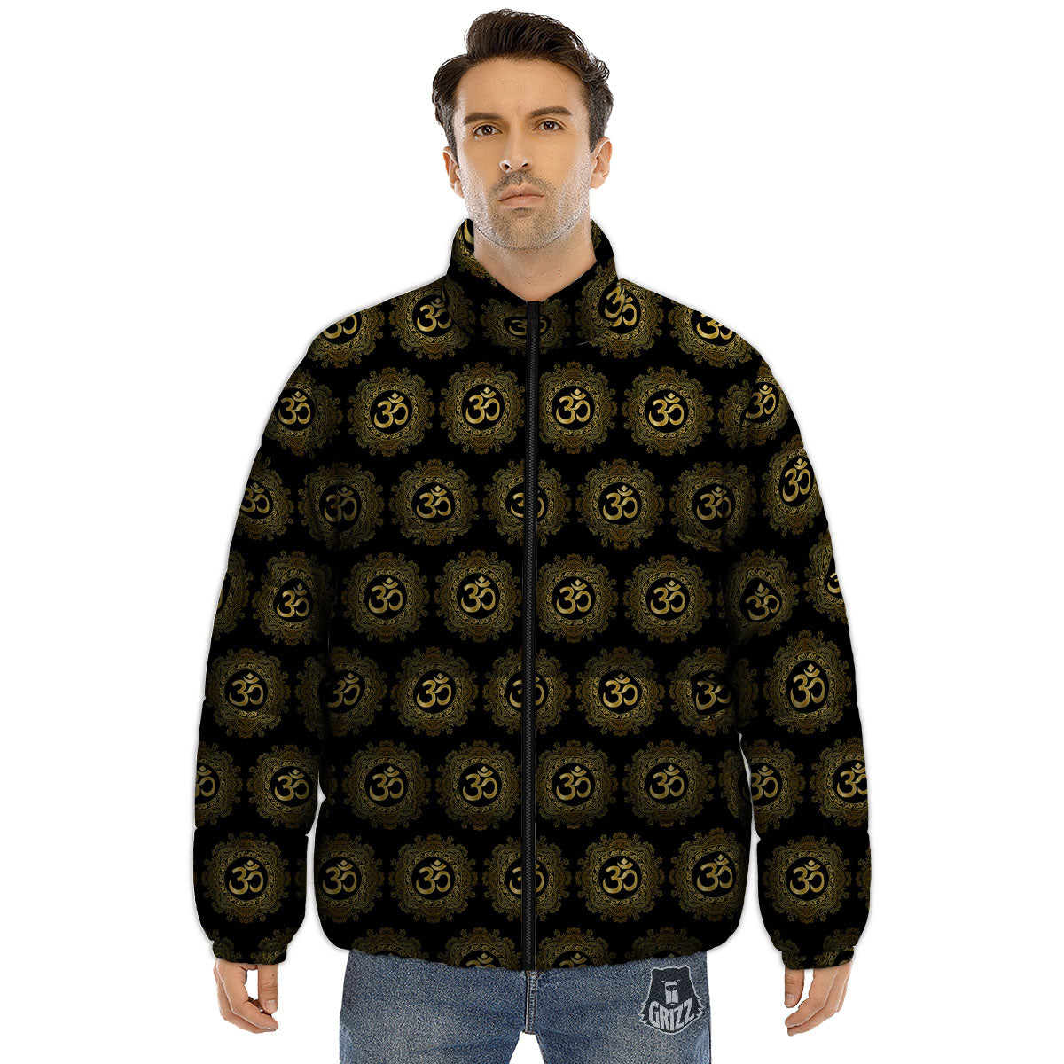 Om Sign Boho Print Pattern Puffer Jacket-grizzshop