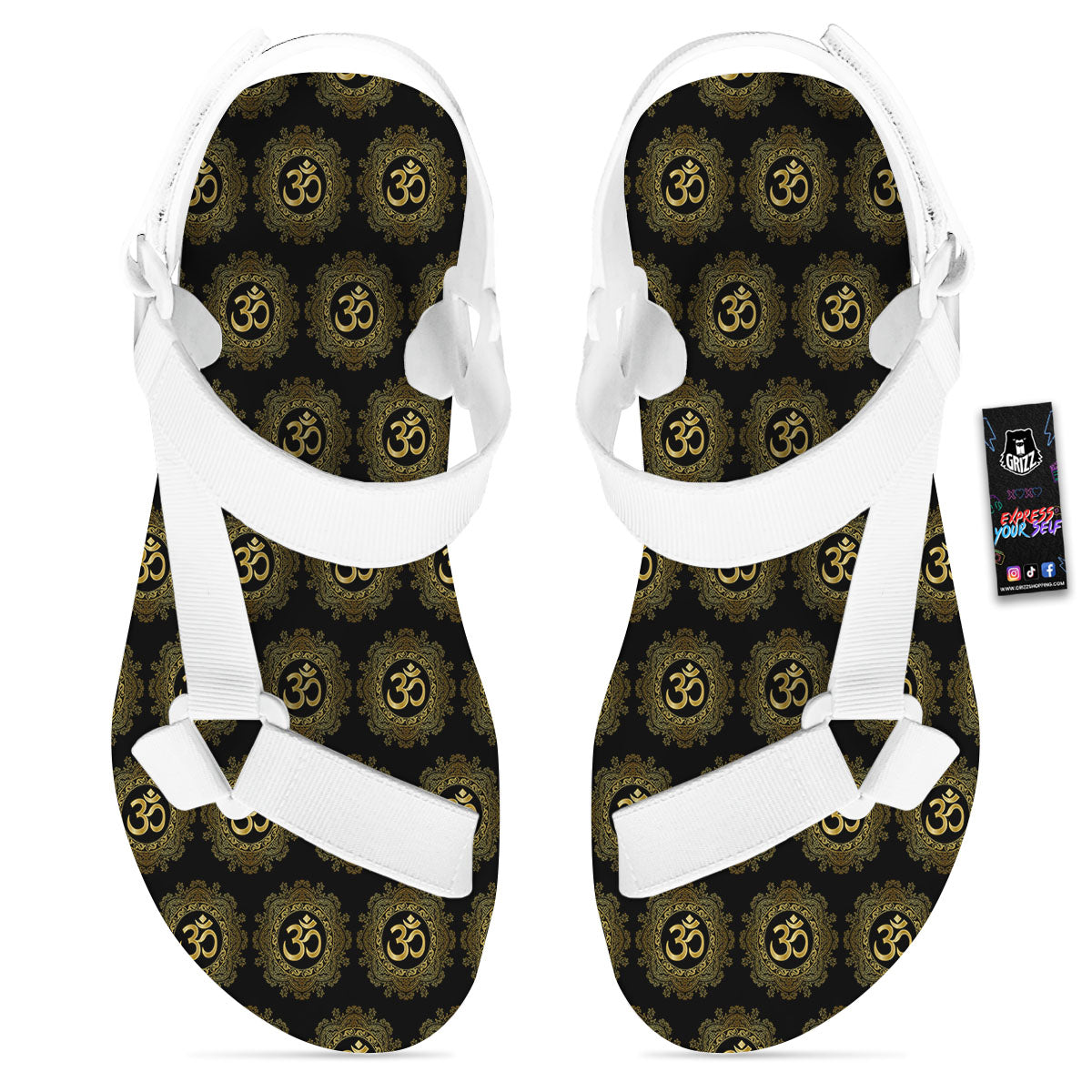 Om Sign Boho Print Pattern White Open Toe Sandals-grizzshop