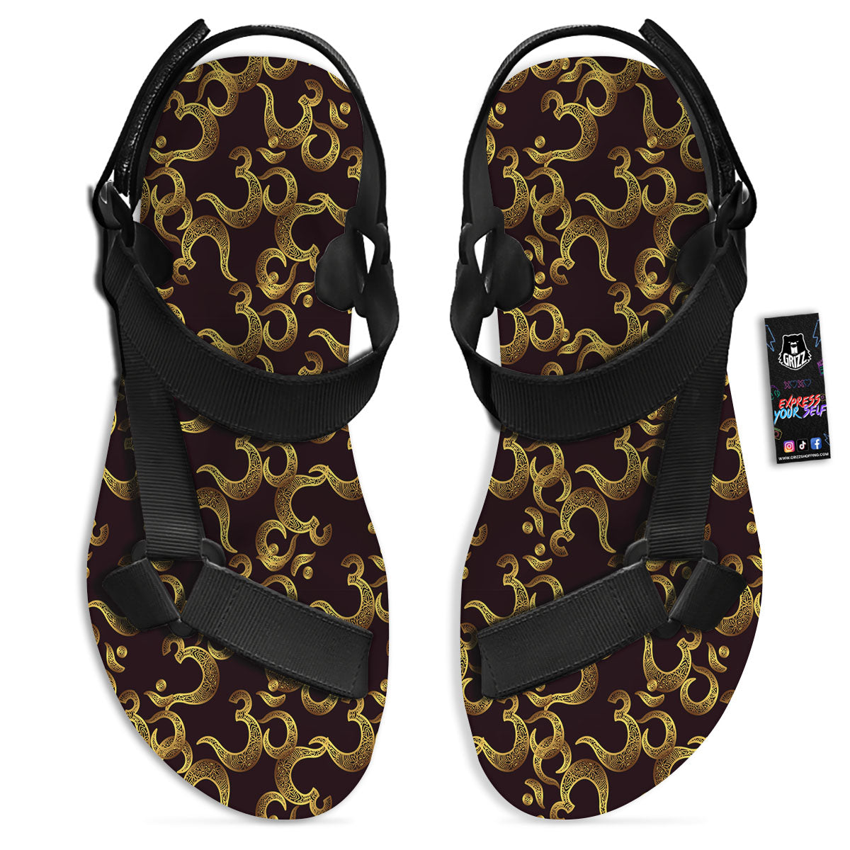 Om Sign Print Pattern Black Open Toe Sandals-grizzshop