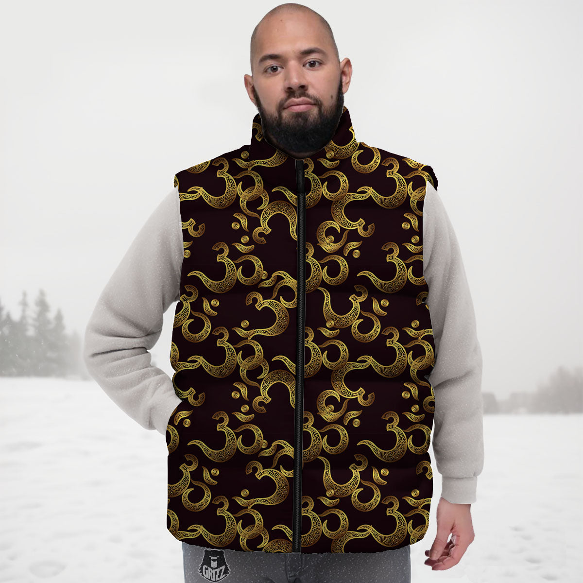 Om Sign Print Pattern Down Vest-grizzshop