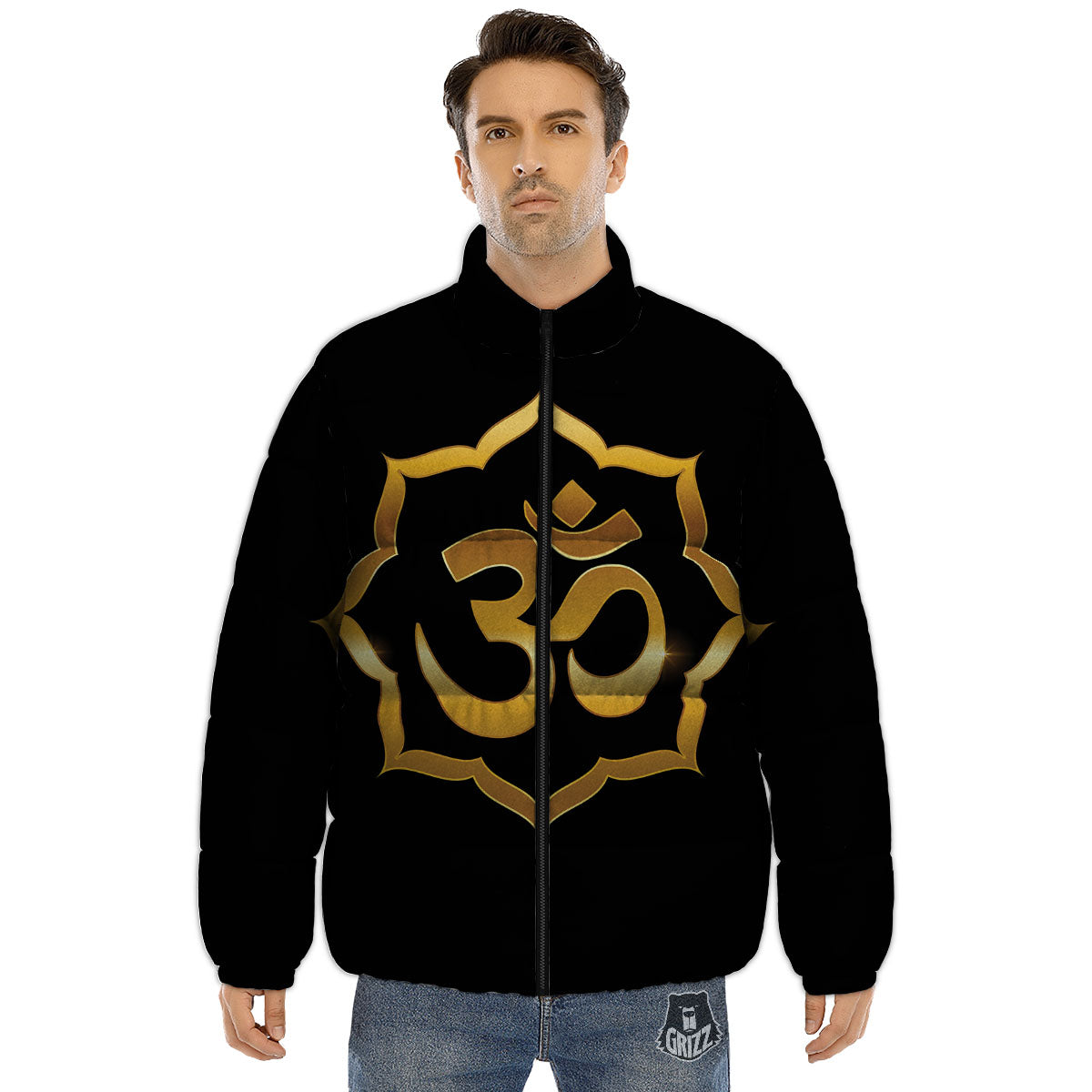 Om Sign Print Puffer Jacket-grizzshop