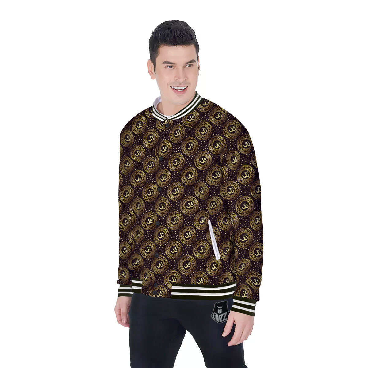 Om Symbol Gold Print Pattern Baseball Jacket-grizzshop
