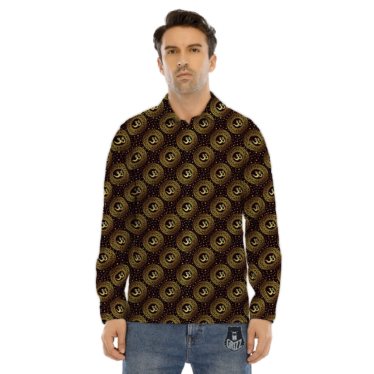Om Symbol Gold Print Pattern Men's Dress Shirts-grizzshop