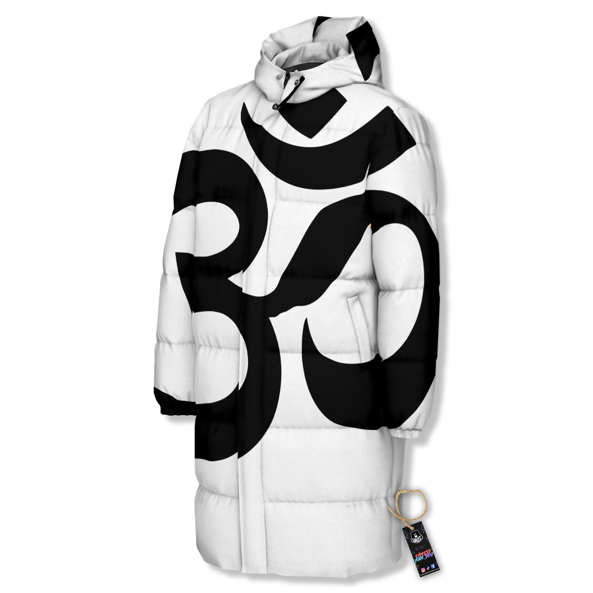 Om White And Black Print Long Down Jacket-grizzshop