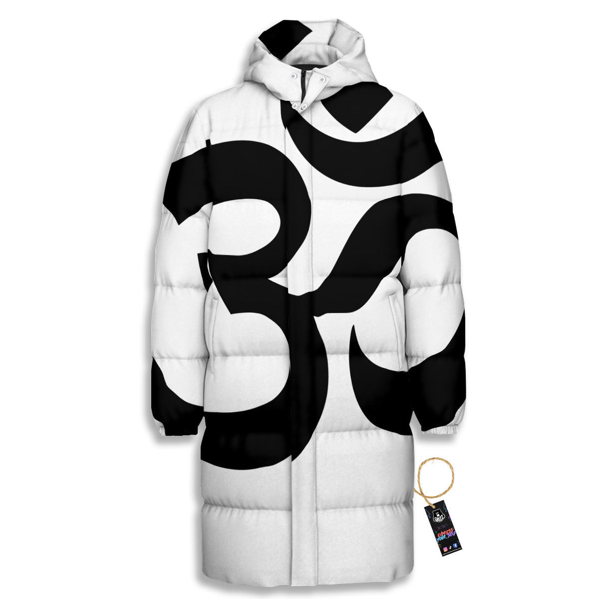 Om White And Black Print Long Down Jacket-grizzshop