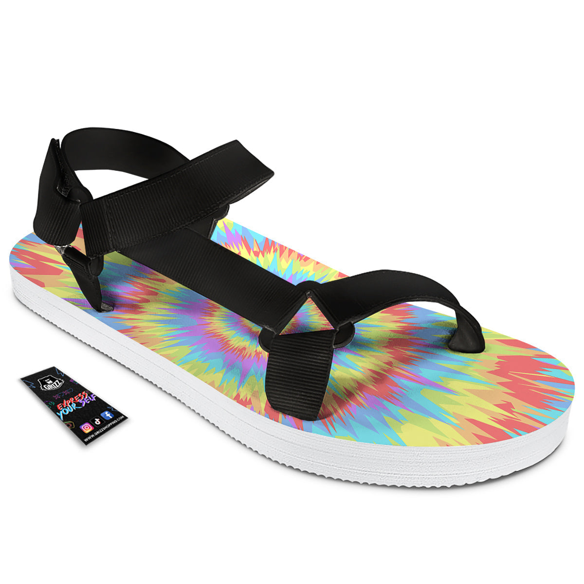 Optical Illusion Colorful Psychedelic Black Open Toe Sandals-grizzshop