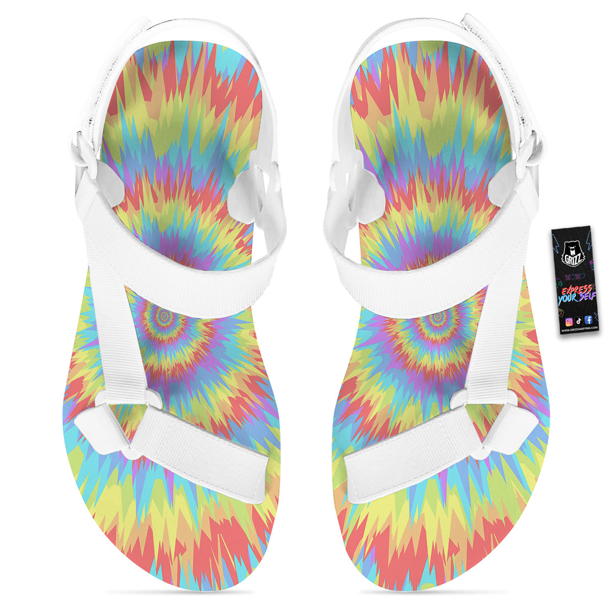 Optical Illusion Colorful Psychedelic White Open Toe Sandals-grizzshop