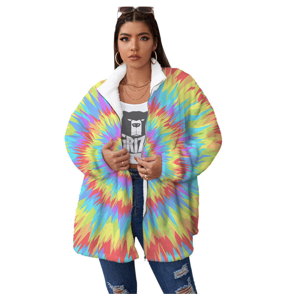 Optical Illusion Colorful Psychedelic Women's Sherpa Jacket-grizzshop