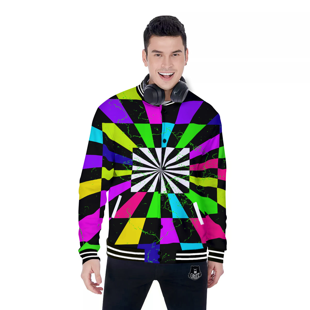 Optical Illusion Neon Abstract Print Baseball Jacket-grizzshop
