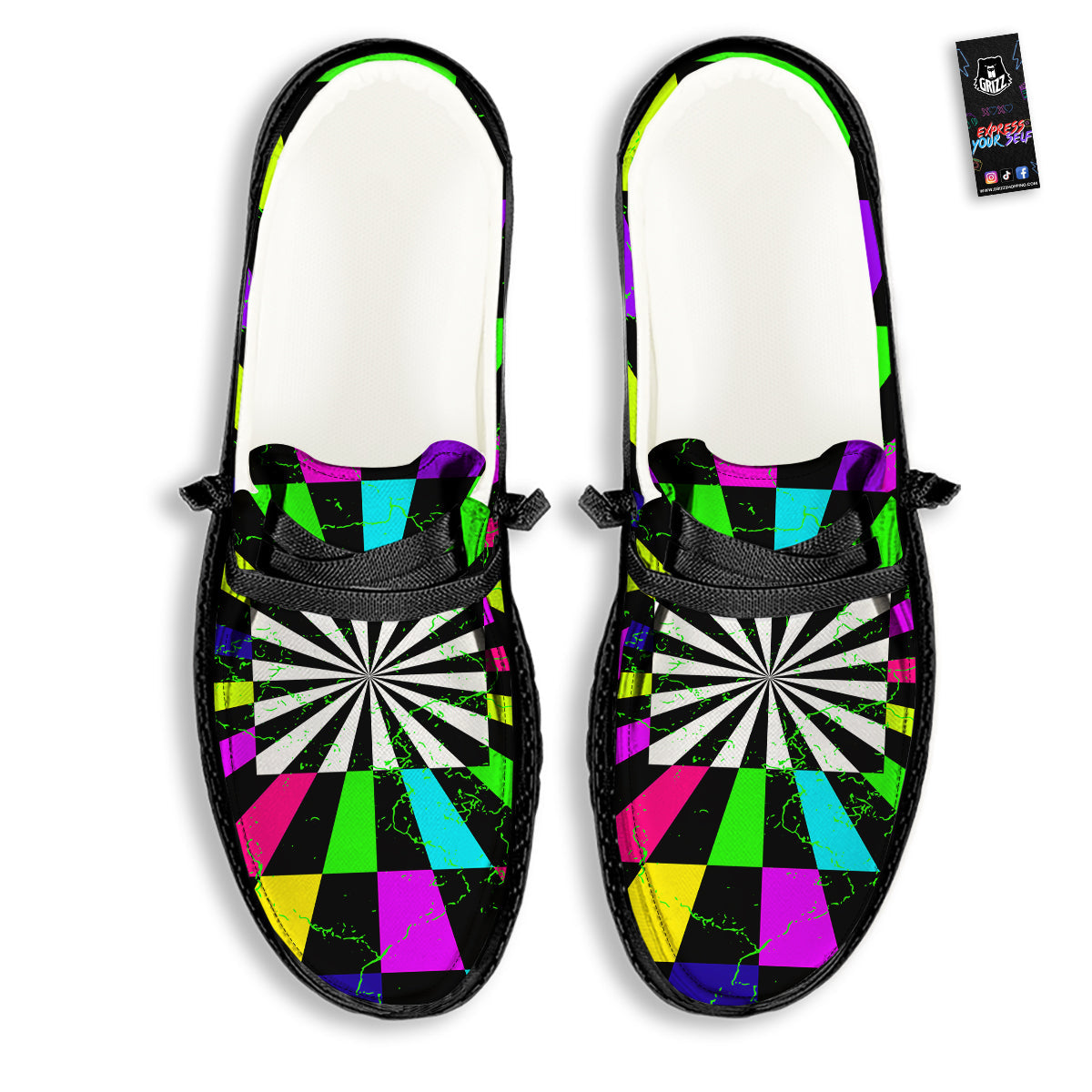 Optical Illusion Neon Abstract Print Black Loafers-grizzshop