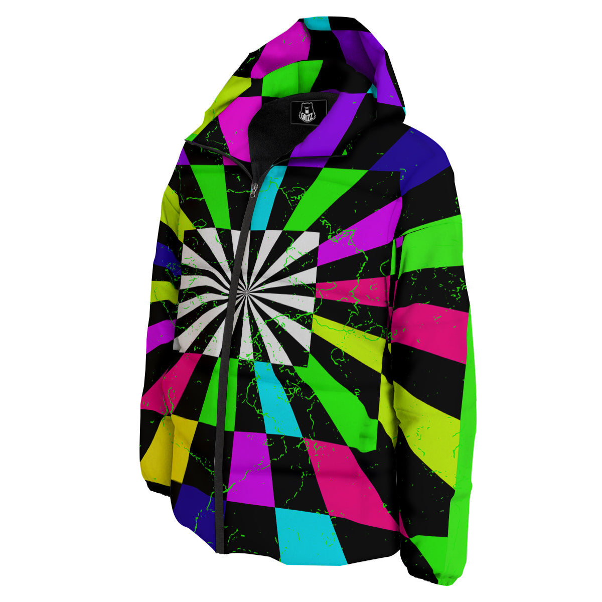Optical Illusion Neon Abstract Print Down Jacket-grizzshop
