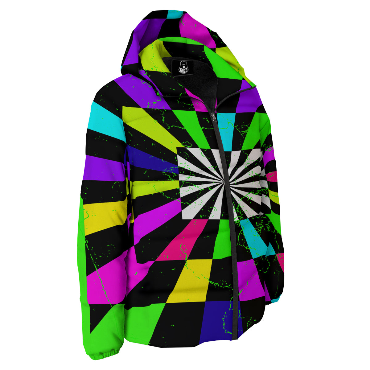 Optical Illusion Neon Abstract Print Down Jacket-grizzshop