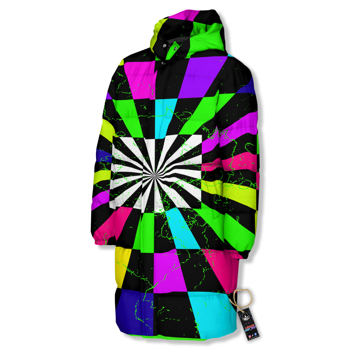 Optical Illusion Neon Abstract Print Long Down Jacket-grizzshop