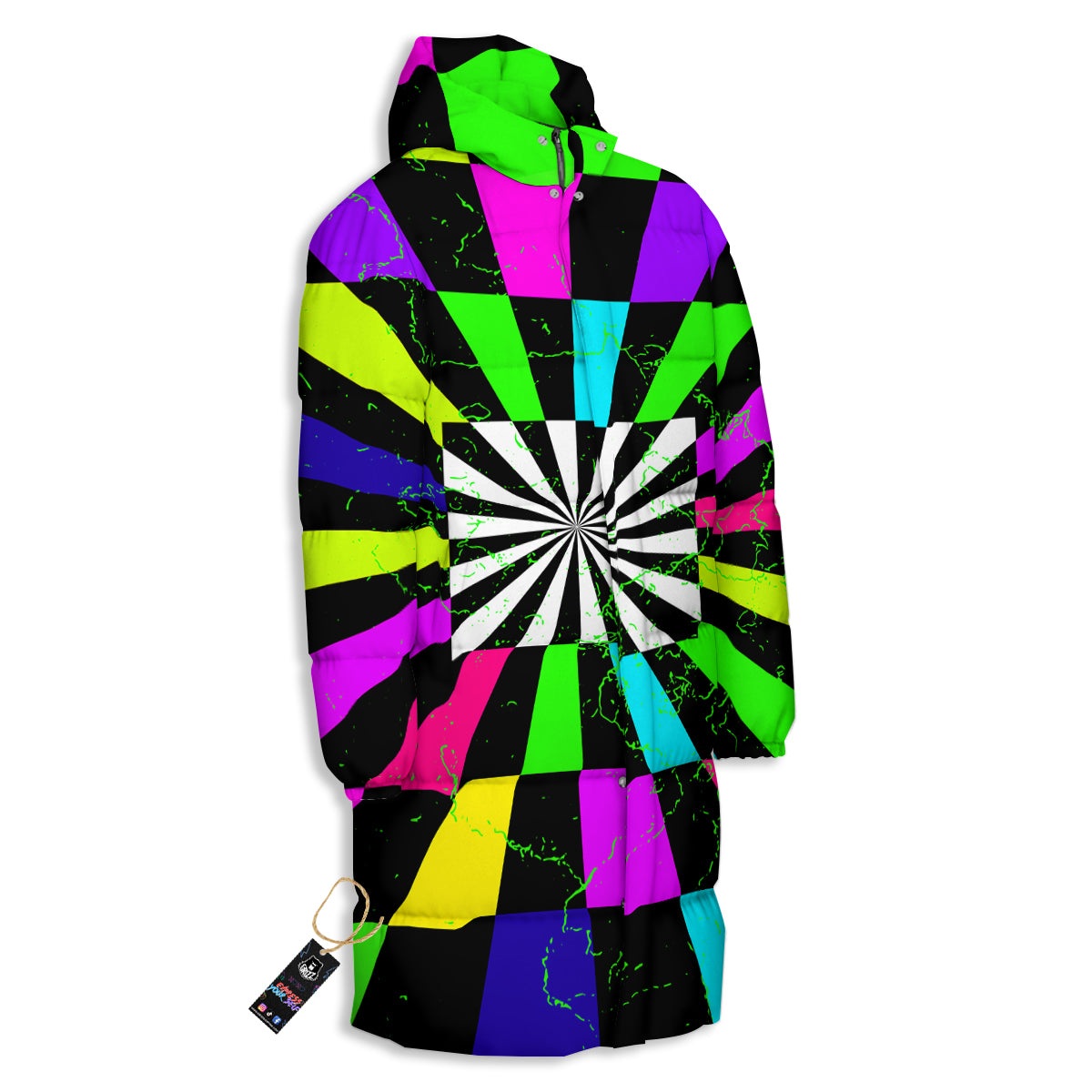 Optical Illusion Neon Abstract Print Long Down Jacket-grizzshop