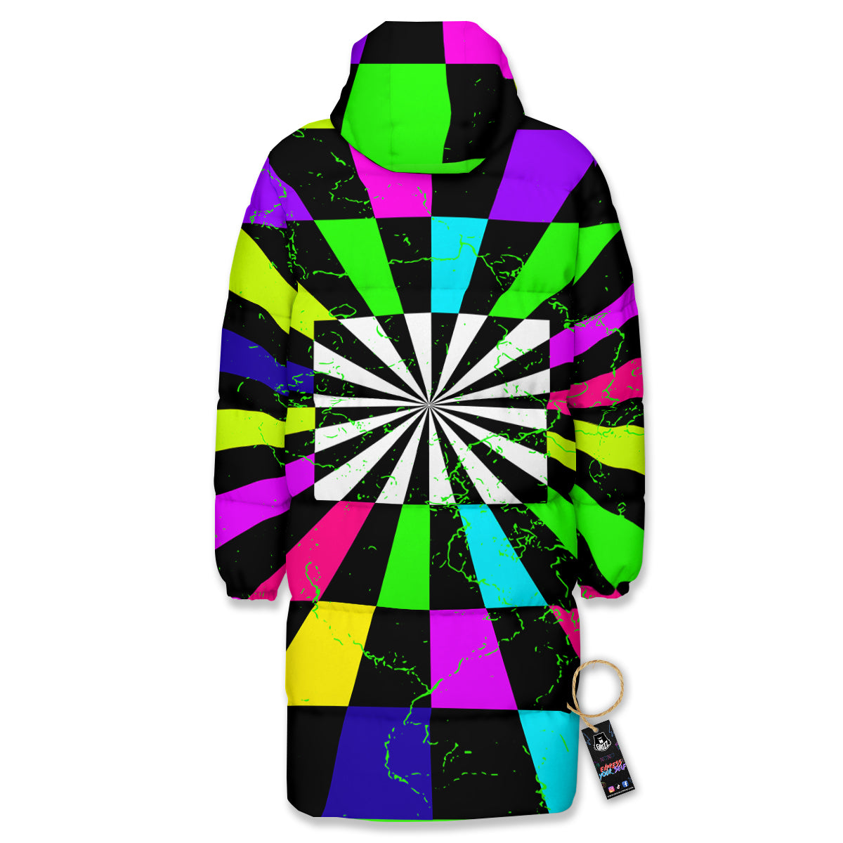 Optical Illusion Neon Abstract Print Long Down Jacket-grizzshop