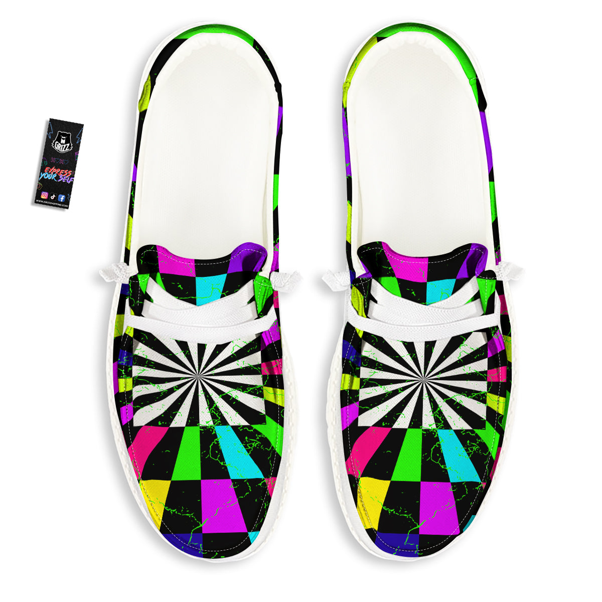 Optical Illusion Neon Abstract Print White Loafers-grizzshop
