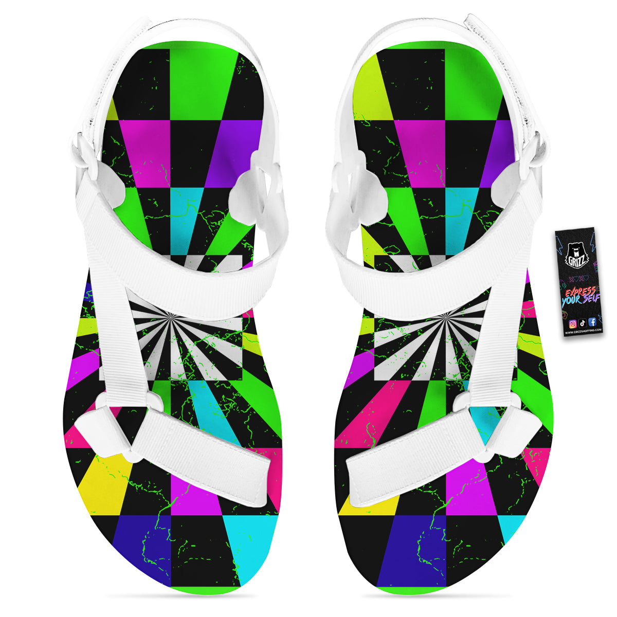 Optical Illusion Neon Abstract Print White Open Toe Sandals-grizzshop