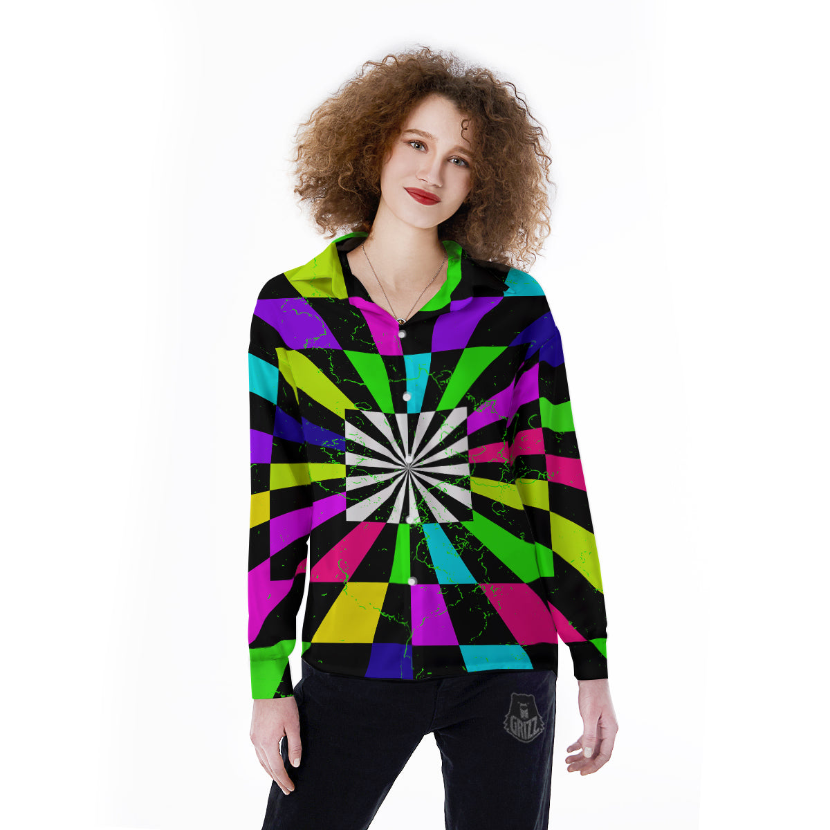 Optical Illusion Neon Abstract Print Women's Long Sleeve Shirts-grizzshop